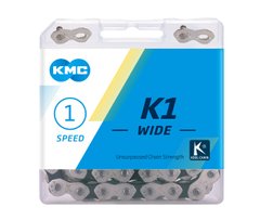 Велосипедная цепь KMC K1-Wide Silver/Black 1 швидкість 110 ланок срібний/чорний + замок